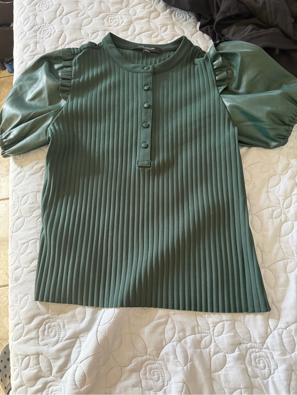 Marc New York Forest Green Pleated Knit Top with Puff Satin Sleeves
